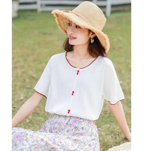 

women's t-shirt chic khaki 2021 half sleeve ice silk sweater summer loose striped student v-neck short-sleeved fashion, White