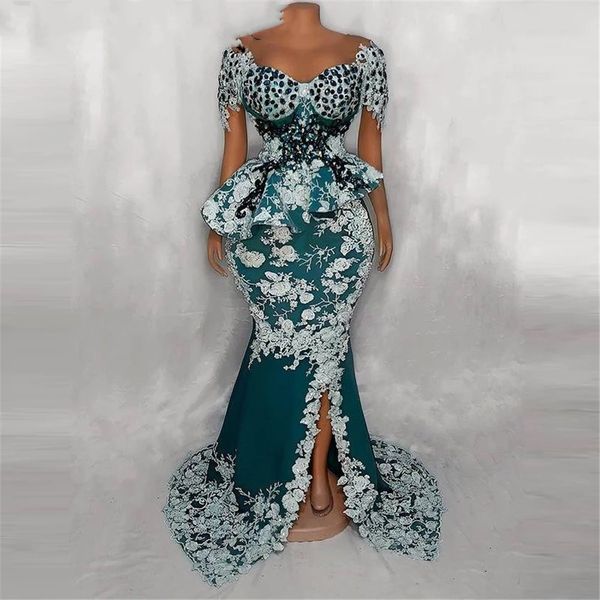 Principal Beading Sereia Vestidos De Prom Sheer Decote Teal Azul Aso Ebi Night Vestidos Peplum Lace Applques Side Side Split Vestidos Robe de Soiree