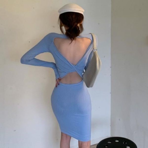 

casual dresses womengaga korean slim long sleeve solid color hollow out girl backless short for women 42i8, Black;gray