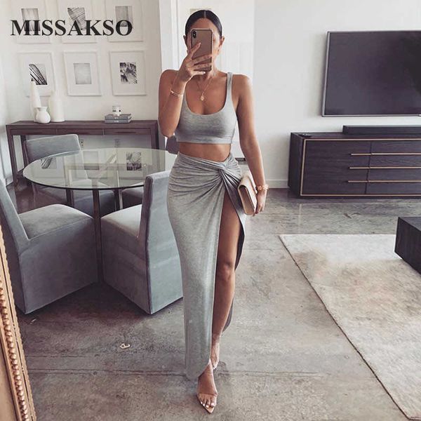 

missakso summer women crop split skirt beach sleeveless ladies high waist solid party two piece set 210625, White