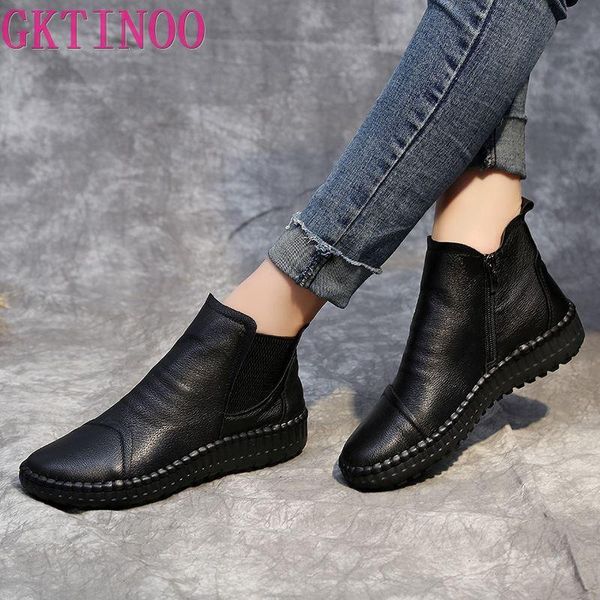 

genuine leather shoes women boots 2021 autumn winter fashion handmade ankle warm soft outdoor casual flat woman, Black