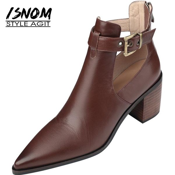 

boots isnom retro genuine leather ankle fashion women pointed toe thick heel high buckle short 2021 33-40, Black
