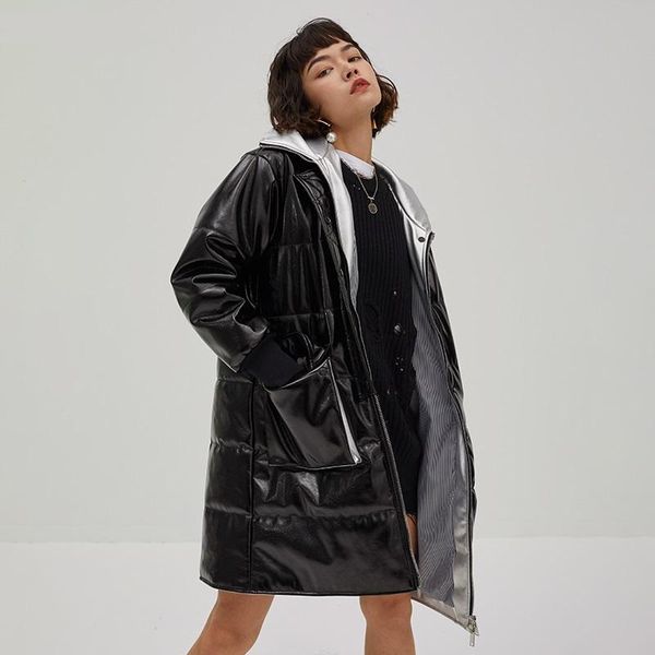 

women's leather & faux fashion warm bright glossy fabric pu jackets cotton coat female locomotive oversize windproof coats f603, Black