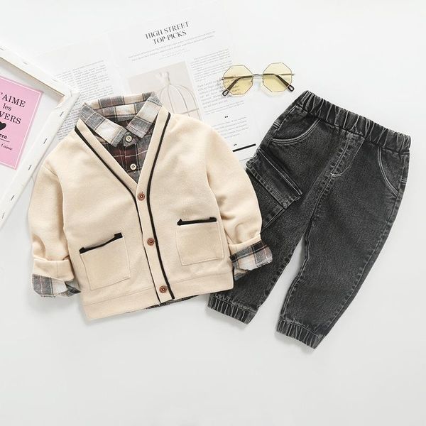 

clothing sets child's baby boy clothes knitted sweater autumn kids british style cardigan jacket + plaid shirt jeans suit 3pcs, White