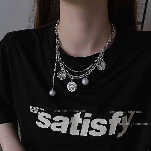 

chains hip hop necklace cuban chain pearl star moon retro metal fashion double layer wearing net red clavicle female, Silver