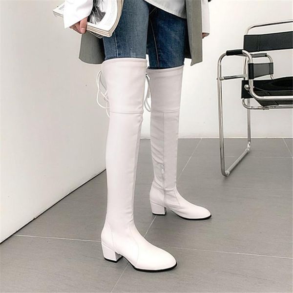 

boots pxelena women thigh high winter shoes block square heels fashion riding knight over the knee black white beige plus size 34-43