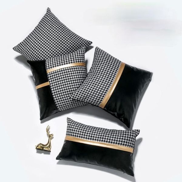 

cushion/decorative pillow luxury houndstooth pu stitching combination grid pillowcase living room sofa cushion lumbar throw covers decorativ
