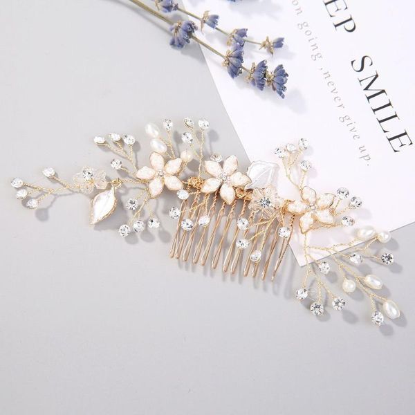 

hair clips & barrettes bridal hand comb wedding dress accessories insert pearl flower alloy leaf headdress, Golden;silver