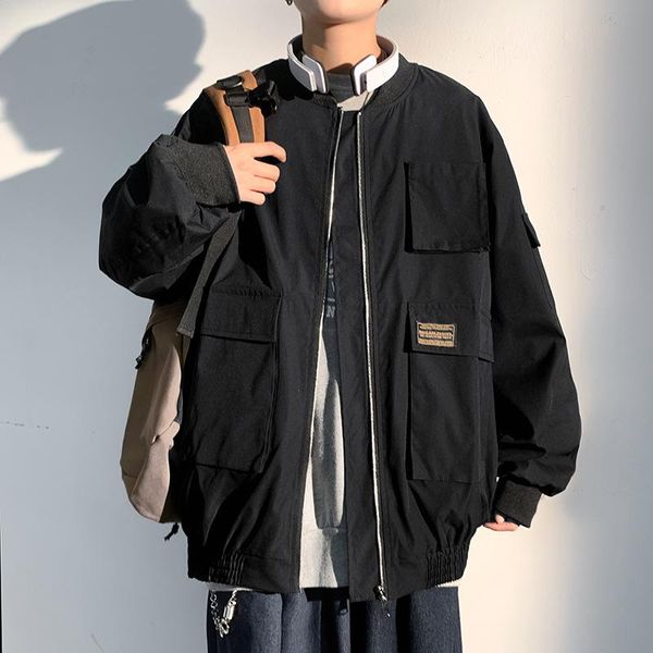 

men's jackets 2021 hong kong style casual loose stand collar cotton jacket large size workwear, Black;brown