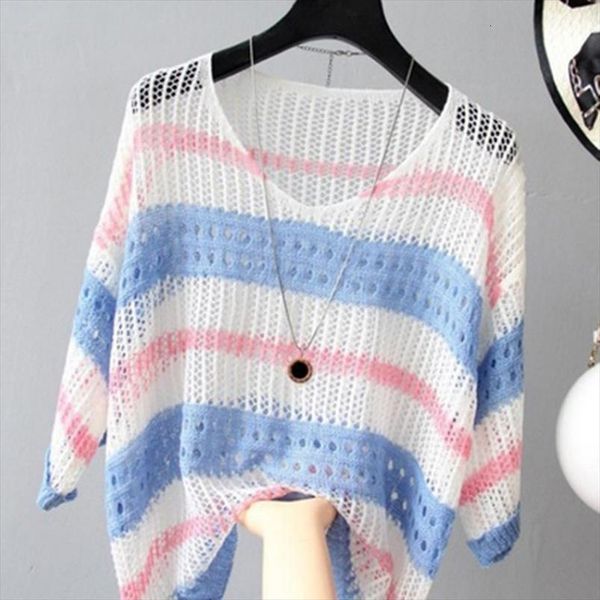 

summer knitted women pullover sweaters hollow out v neck loose female patchwork striped  xxl, White;black
