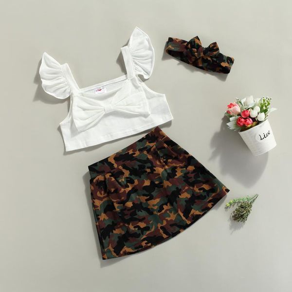 

clothing sets focusnorm 3pcs summer fashion baby girls clothes 1-6y ruffles sleeve solid bowknot t shirts+camouflage skirts headband, White