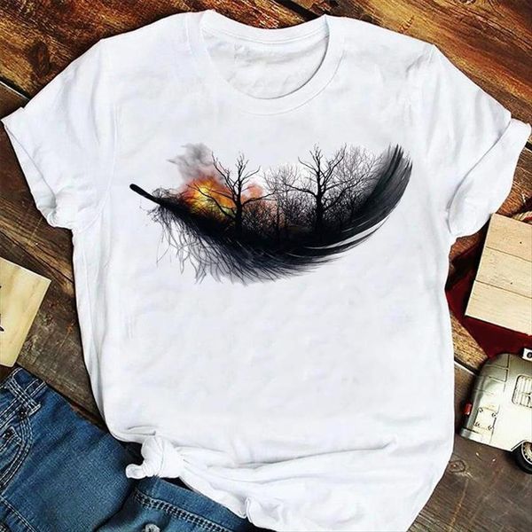 

fashion 90s plant feather women t shirts watercolor painting summer tshirts clothes graphic lady print female tee shirt, White