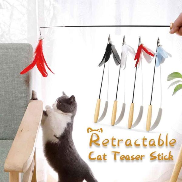 

cat toy retractable teasing stick toys interactive feather wood rod with bells pet products for kitty kitten
