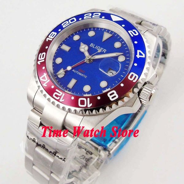 

40mm bliger gmt automatic watch blue dial illuminating sapphire glass rotate bezel date window ss bracelet 175, Slivery;brown