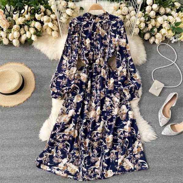 

neploe o neck pullover long sleeve dress women vintage print temperament slim vestidos high waist hip a line robe spring 210423, Black;gray