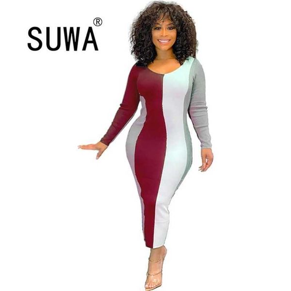 

contrast patchwork women dresses evening party and wedding midi v neck long sleeve bodycon office lady 210525, Black;gray
