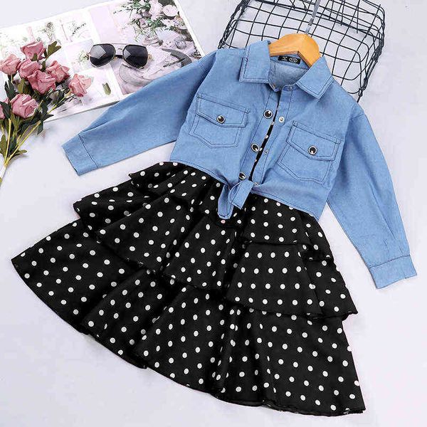 Langarm Denim Mantel + Kleid 2psc Kinder Kleidung Mode Neue Mädchen Kleid Anzüge Kinder Baby Kleidung 2021 Teenager Casual dreses G1215