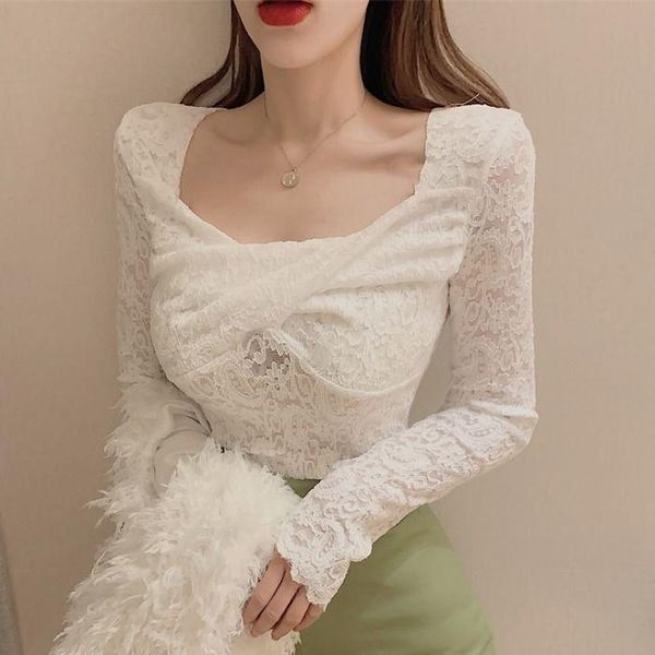 

women's blouses & shirts blouse women autumn square-neck long-sleeved lace clothing blusas mujer de moda, White