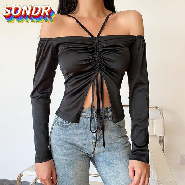 

women's t-shirt sondr temperament lace up bra long sleeve short split halter nightclub party, White