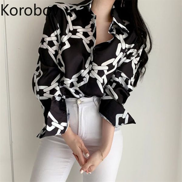 

korobov korean chic new arrival female blouse harajuku chain pattern streetwear shirts vintage spring summer blusas 79411 210430, White