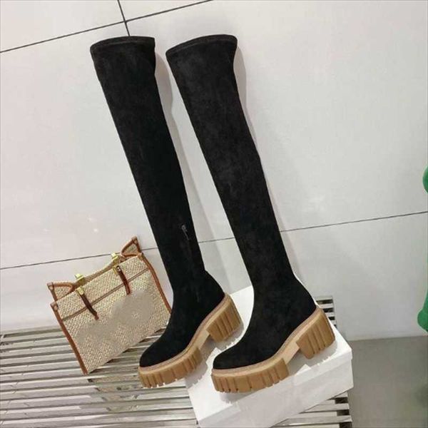 

boots thick sole knee-high women concise solid office bota mujer stretch platform bottes designer chaussure femme, Black