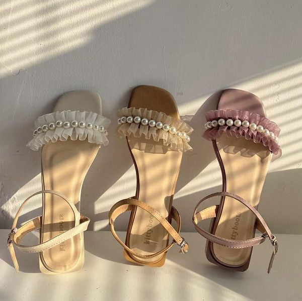 

sandals 2021 summer fashion women lace pearls ankle strap shoes sweet beading ladies low heels sandalias mujer 9205n, Black