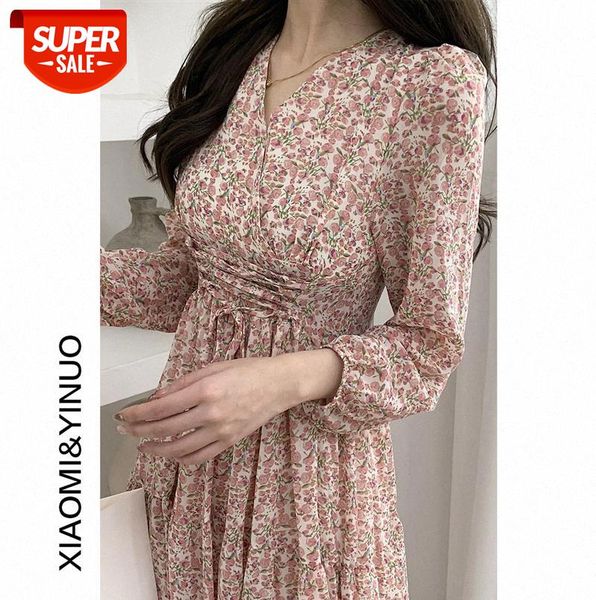 

[ou fan] 7849 french floral dress women's temperament waist and thin v-neck #te79, Black;gray