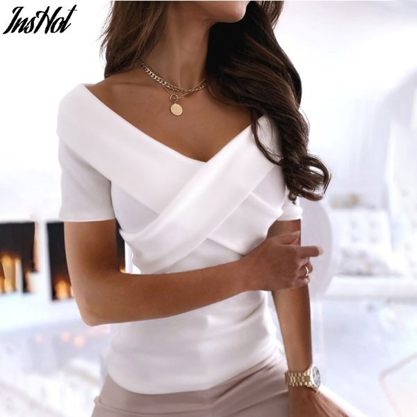 

elegant off shoulder cross v neck short sleeve t shirt cross backless party elasticity slim woman tee 210514, White