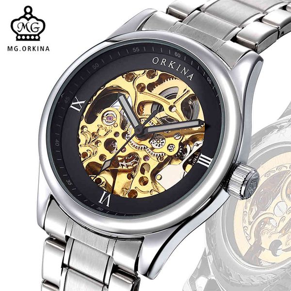 

mark man watches mg. orkina stainless steel band golden automatic engraved skeleton watch reluctant hombre 2016, Slivery;brown