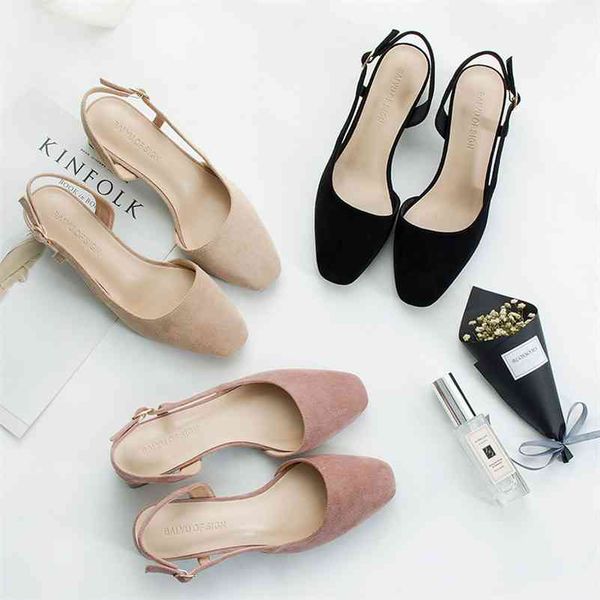 

shoes woman slingbacks spring summer square hight heels sandals flock square toe ankle straps wedding woman pumps shoes 210520, Black