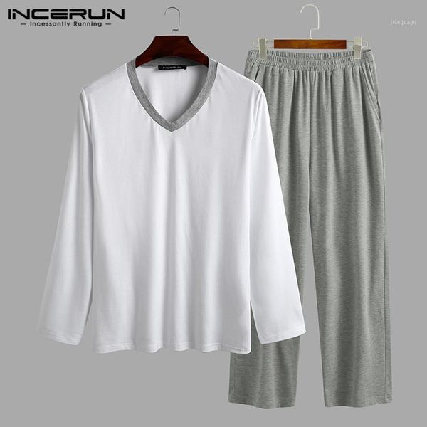 

men's sleepwear incerun pajamas sets soft long sleeve v neck pants homewear leisure comfortable men pyjamas suits 2 pieces, Black;brown