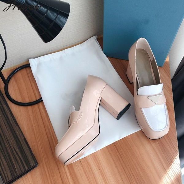 

prowow lodies pumps square high heels dress patent leather platform shoes women slip on chic design, Black