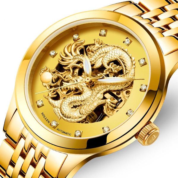 Relógios de pulso SUÍÇA SOLLEN Automatic Watch Mechanical Watch Luxo Dragão Design Luminoso Diamante Sapphire Skeleton Sl602