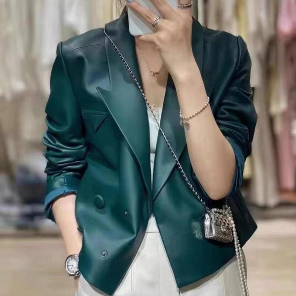 

women's leather & faux 2021 spring autumn jacket female streetwear real sheepskin coat double-breasted office lady outwear short style, Black