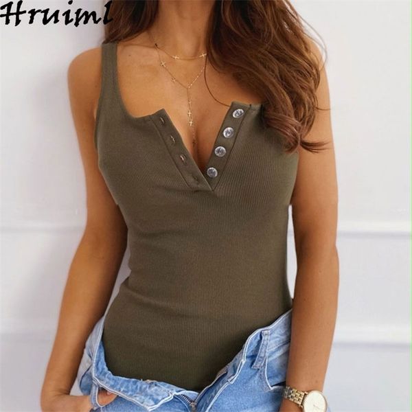 

fashion arrival summer buttons deep v neck sleeveless vest women casual solid color elegant skinny tank for 210513, White