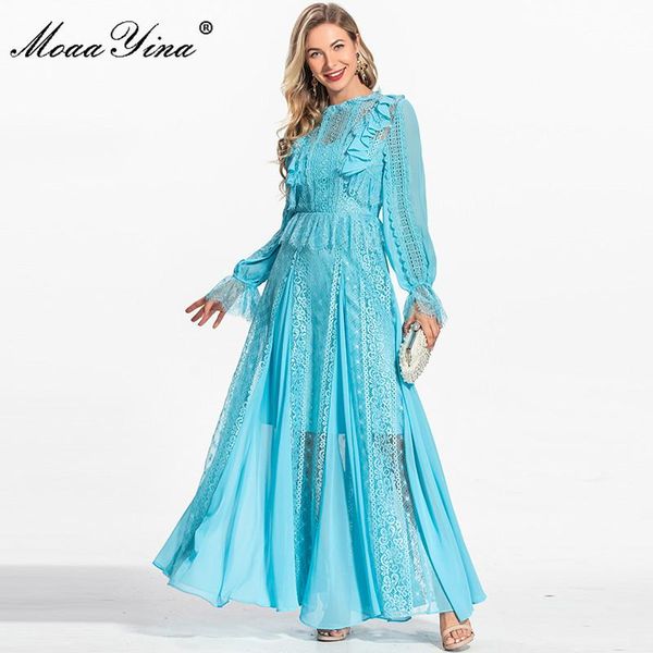 

casual dresses moaayina fashion runway designer summer dress women's lantern sleeve hollow out lace splicing elegant blue party maxi, Black;gray