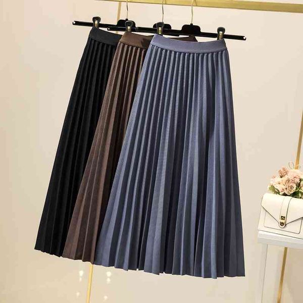 

casual dresses autumn winter korean style eleagant drape thick solid a-line pleated calf long skirts blue coffee u1c7, Black;gray