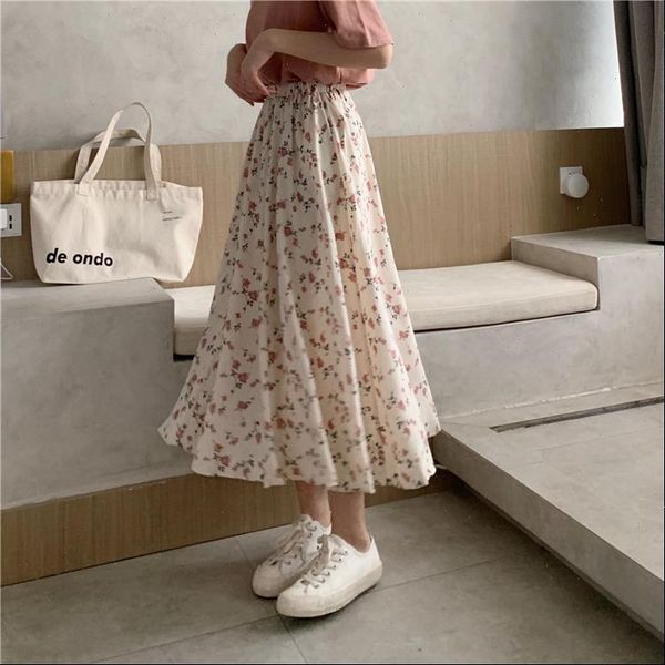 

vintage floral print a women skirt line pleated long summer korean streetwear drawstring elastic waist midi, Black