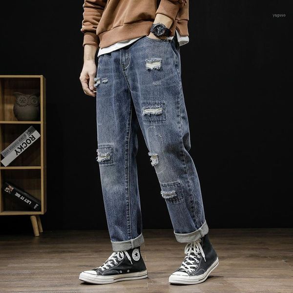 

men's jeans 2021 ripped trousers harajuku korean version chao brand straight tube loose large casual pants wear, Blue