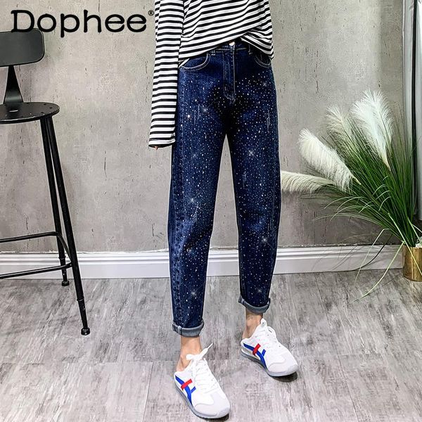 

women's jeans 2021 autumn starry rhinestone for women straight loose slimming high waist dad denim pants female harem baggy trousers, Blue