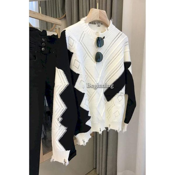 

women's sweaters womens pullover black white block sweater loose student long sleeve frayed vintage autumn/winter 2021 mtw600208, White;black