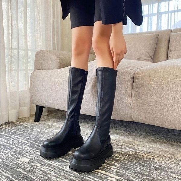 

boots women's long spring and autumn elastic net red small thick soled thin, Black