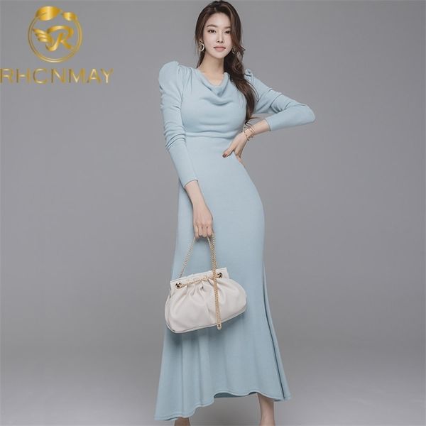 

autumn winter women o-neck knitted dress elegant temperament casual slim long sleeve solid es 210520, Black;gray