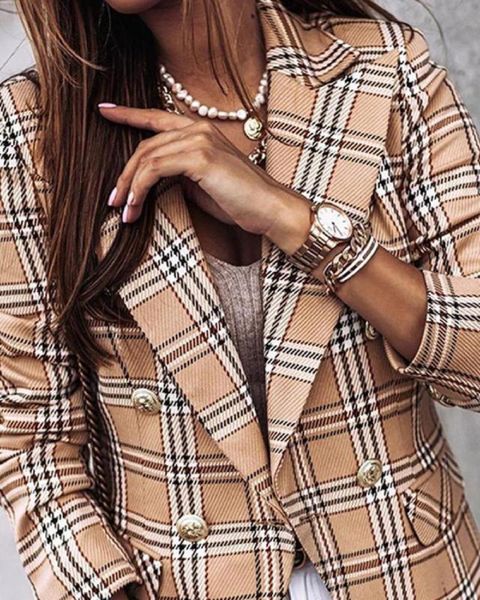 

women's jackets 2021 autumn/winter ladies fashion style long-sleeved double-breasted plaid print suit jacket, Black;brown