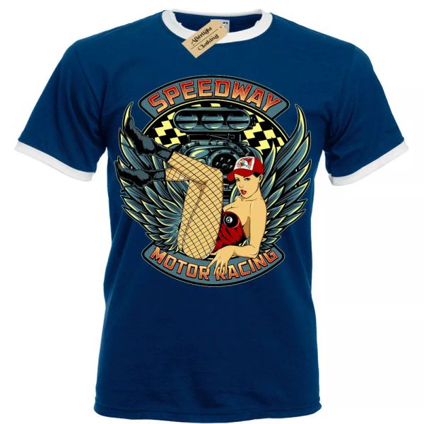

speedway automovilismo camiseta pinup garaje hombre ringer, White;black