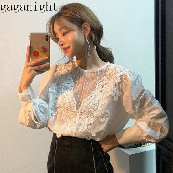 

gaganight lace women blouse long sleeve o neck hollow out office lady shirt vintage transparent blouses casual loose blusas 210519, White