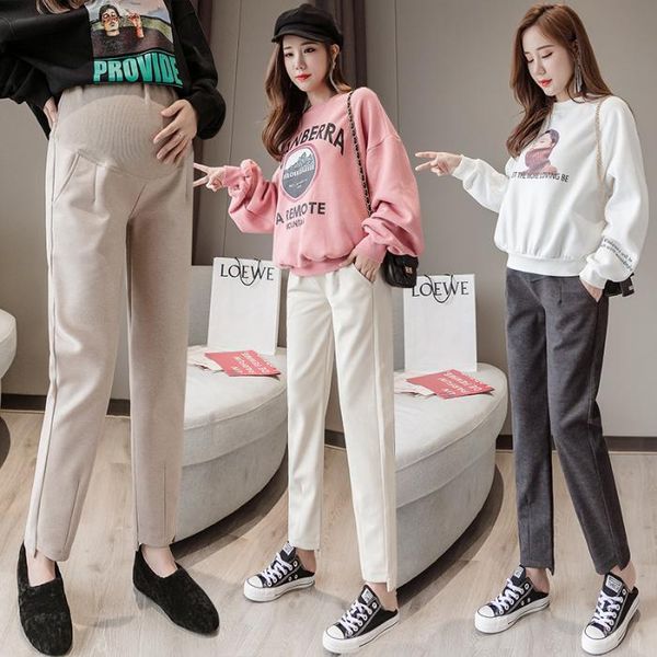 

maternity bottoms 2021 nwe pants elastic waist belly trousers for pregnant women pregnancy black gray clothes with pocket, White