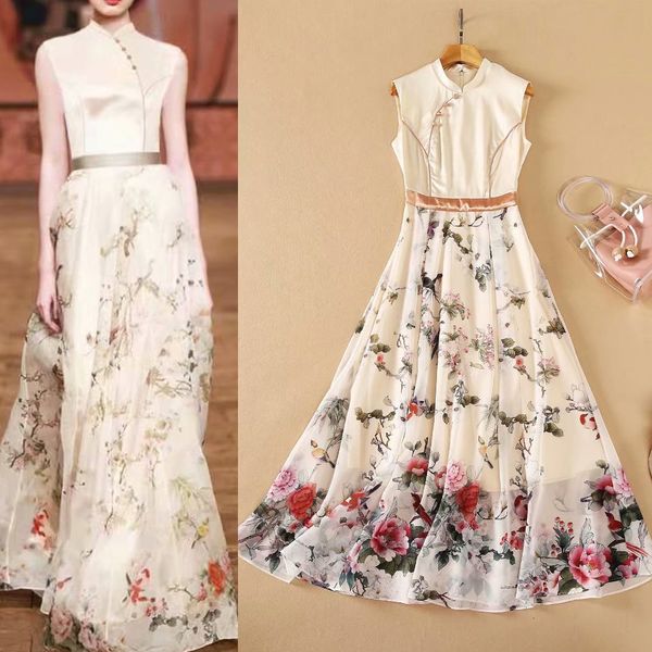 

luxury cheongsam wind 2021 summer women's printed stitching closed waist large swing cheongsam skirt length drs, Blue;red