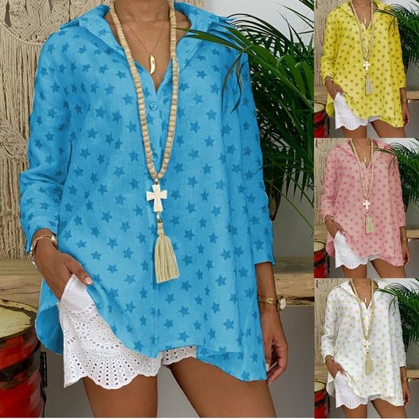 

women's blouses & shirts autumn women boho plus size 2021 casual vintage print woman lapel long sleeve white blue s-5xl