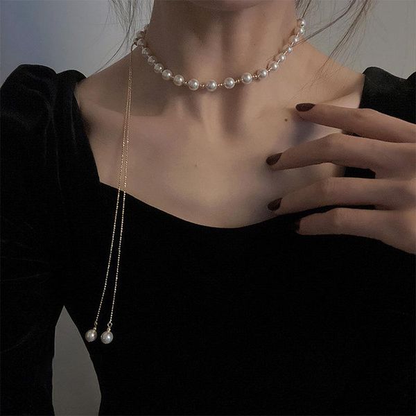 

pendant necklaces french vintage adjustable length pearl necklace for women stylish long tassel gold beaded jewelry dropship, Silver